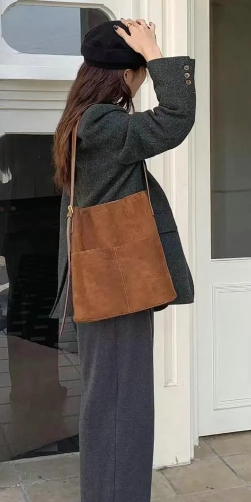 2 Pcs Slouchy Suede Bucket Bag Women Crescent Satchels Shoulder Bag Crossbody Purse Hobo Bags Top-handle Tote Handbag