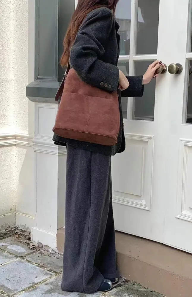 2 Pcs Slouchy Suede Bucket Bag Women Crescent Satchels Shoulder Bag Crossbody Purse Hobo Bags Top-handle Tote Handbag