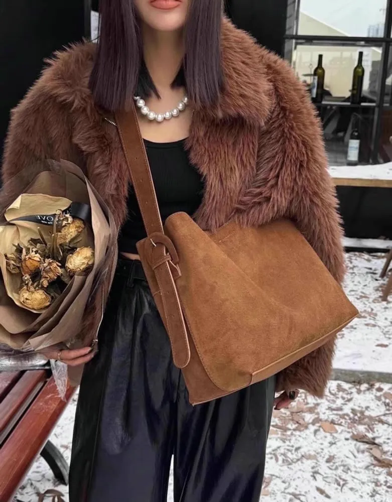 2 Pcs Slouchy Suede Bucket Bag Women Crescent Shoulder Bag Satchels Crossbody Purse Hobo Bags Top-handle Tote Handbag