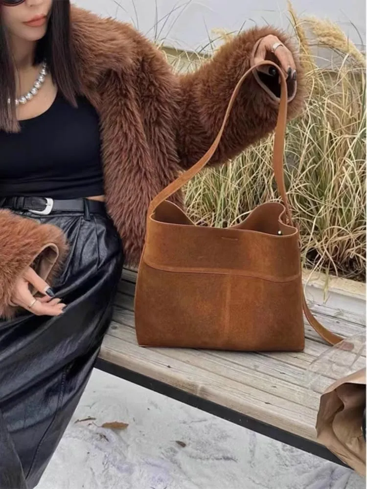 2 Pcs Slouchy Suede Bucket Bag Women Crescent Shoulder Bag Satchels Crossbody Purse Hobo Bags Top-handle Tote Handbag