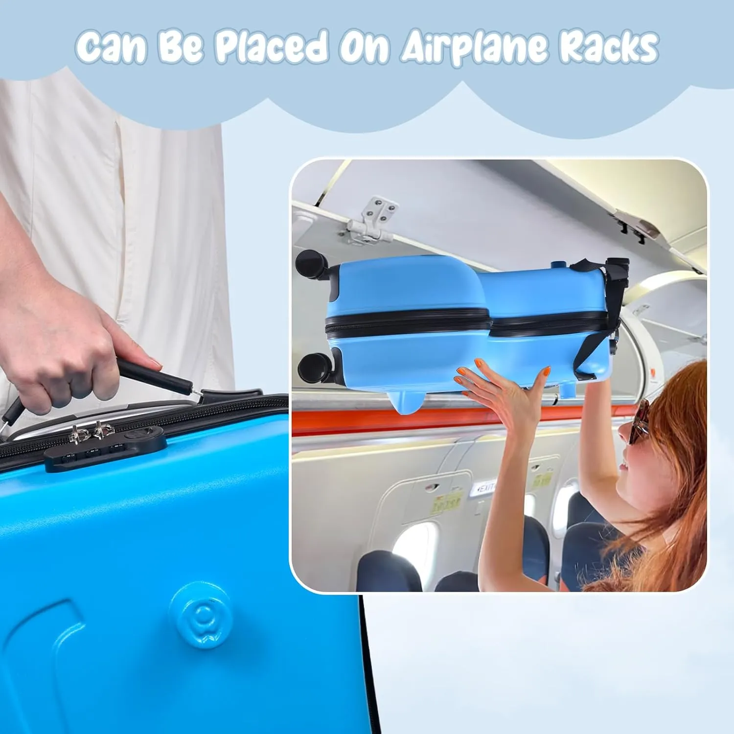 24 Inch Kids Ride Suitcase, Toddler Luggage Seat Ride with Lock - Kids Travel Trolley with Safety Belt, kids luggage with wheels Child Stroller Spinner Luggage, ABS PC (Blue, 5-12 Years)