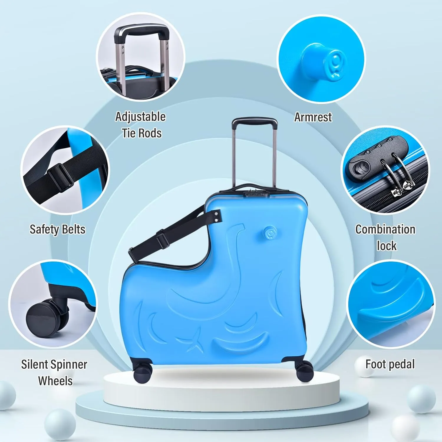 24 Inch Kids Ride Suitcase, Toddler Luggage Seat Ride with Lock - Kids Travel Trolley with Safety Belt, kids luggage with wheels Child Stroller Spinner Luggage, ABS PC (Blue, 5-12 Years)