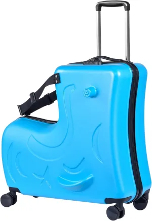 24 Inch Kids Ride Suitcase, Toddler Luggage Seat Ride with Lock - Kids Travel Trolley with Safety Belt, kids luggage with wheels Child Stroller Spinner Luggage, ABS PC (Blue, 5-12 Years)