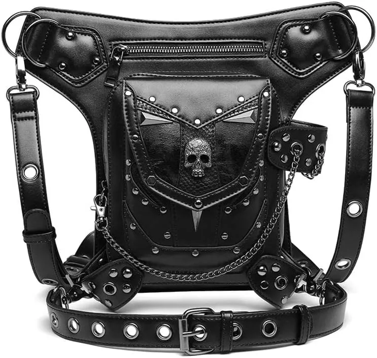 2X Steampunk Waist Bag Black Leather Motorcycle Shoulder Bag Satchels Thigh Bag Leg Hip Pouch Bag Purse