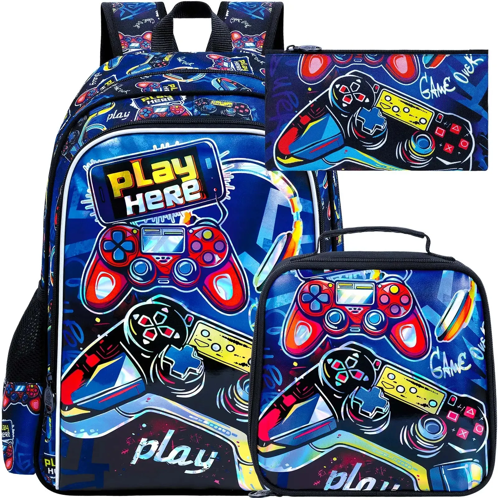 3 Piece Red Game Console Backpack Set For Boys 16 Inch Bookbag Lunch Box Preschool To Elementary