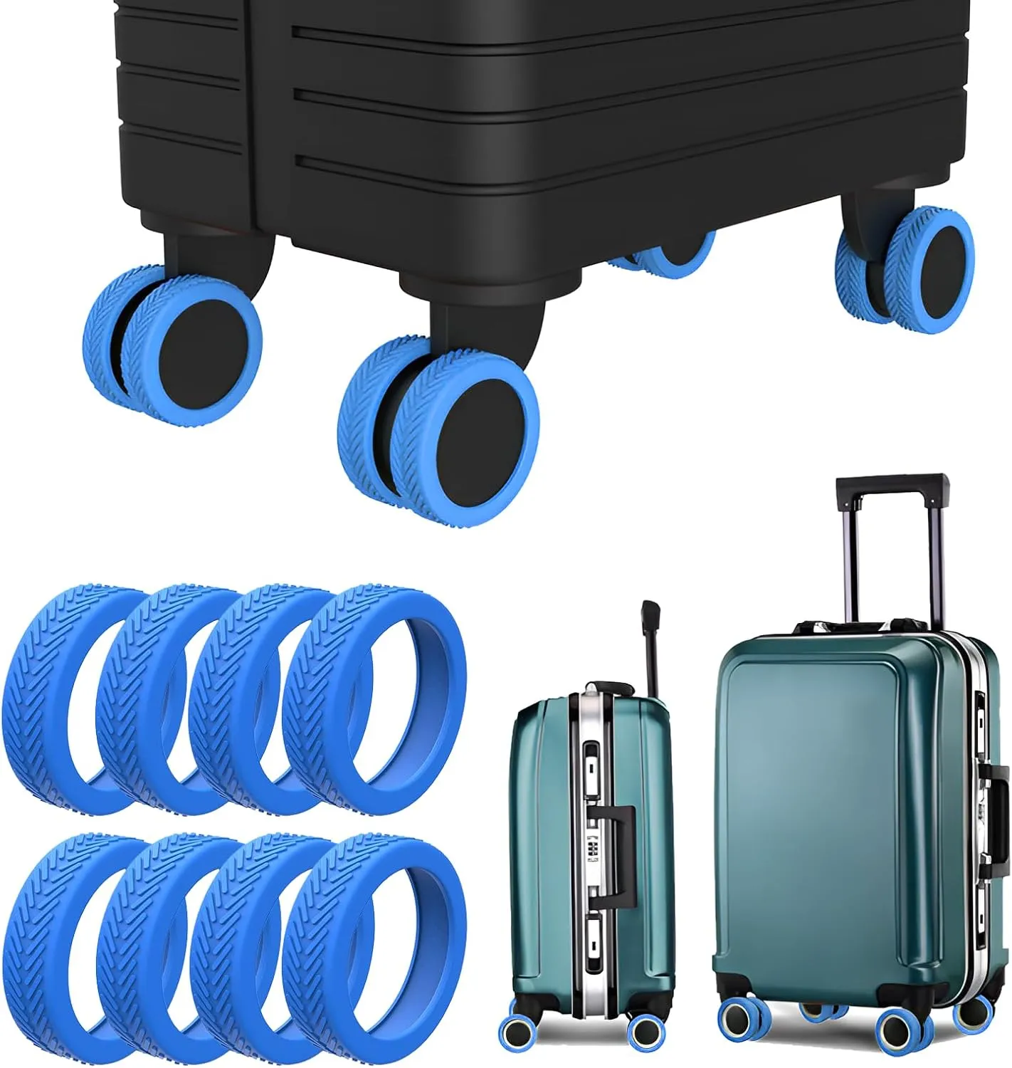 8Pcs Luggage Wheel Covers, Suitcase Wheels Covers, Silicone Mute and Shock Absorption Suitcase Wheels Protector for Luggage (Blue)