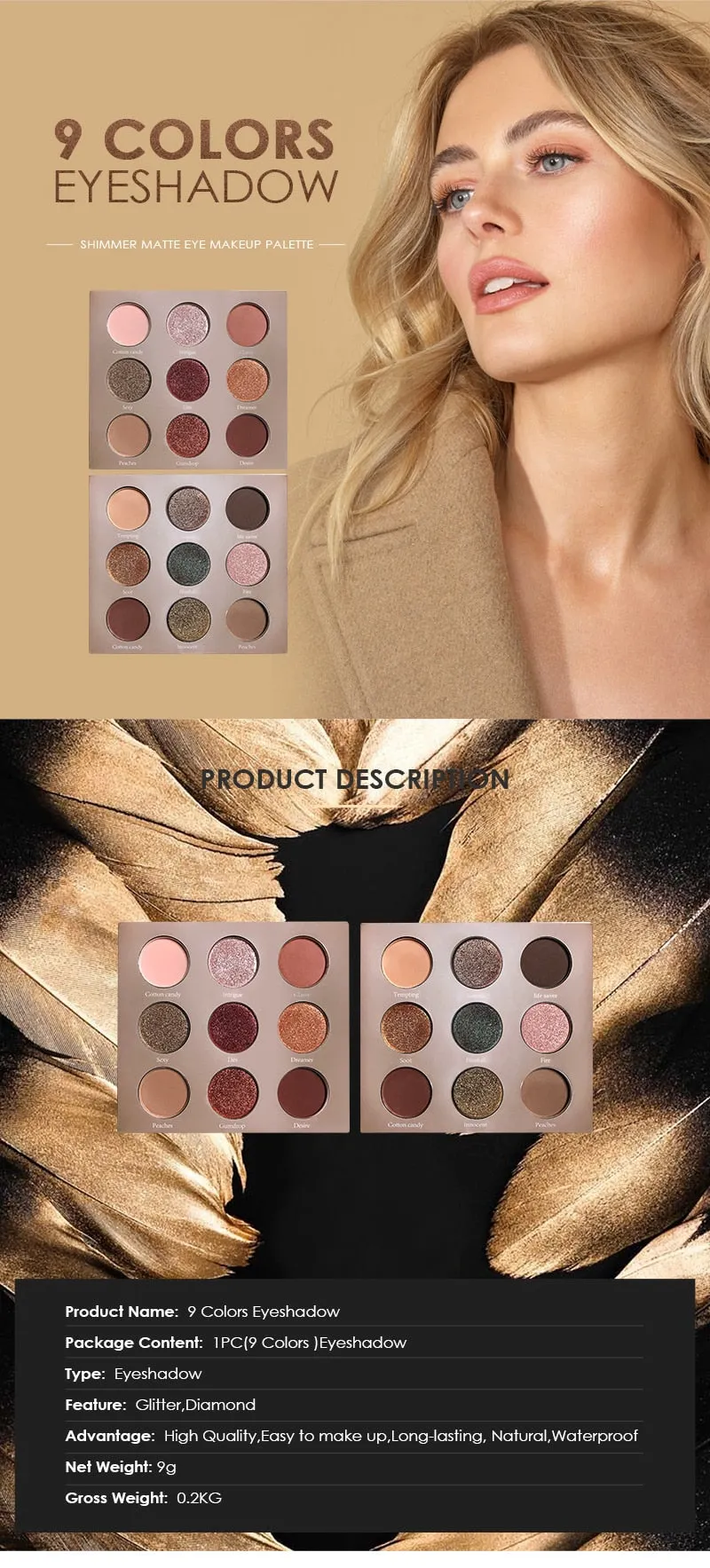 9 Colors Makeup Pressed Eyeshadow Glitter Shimmer Matte Eyeshadow Palette