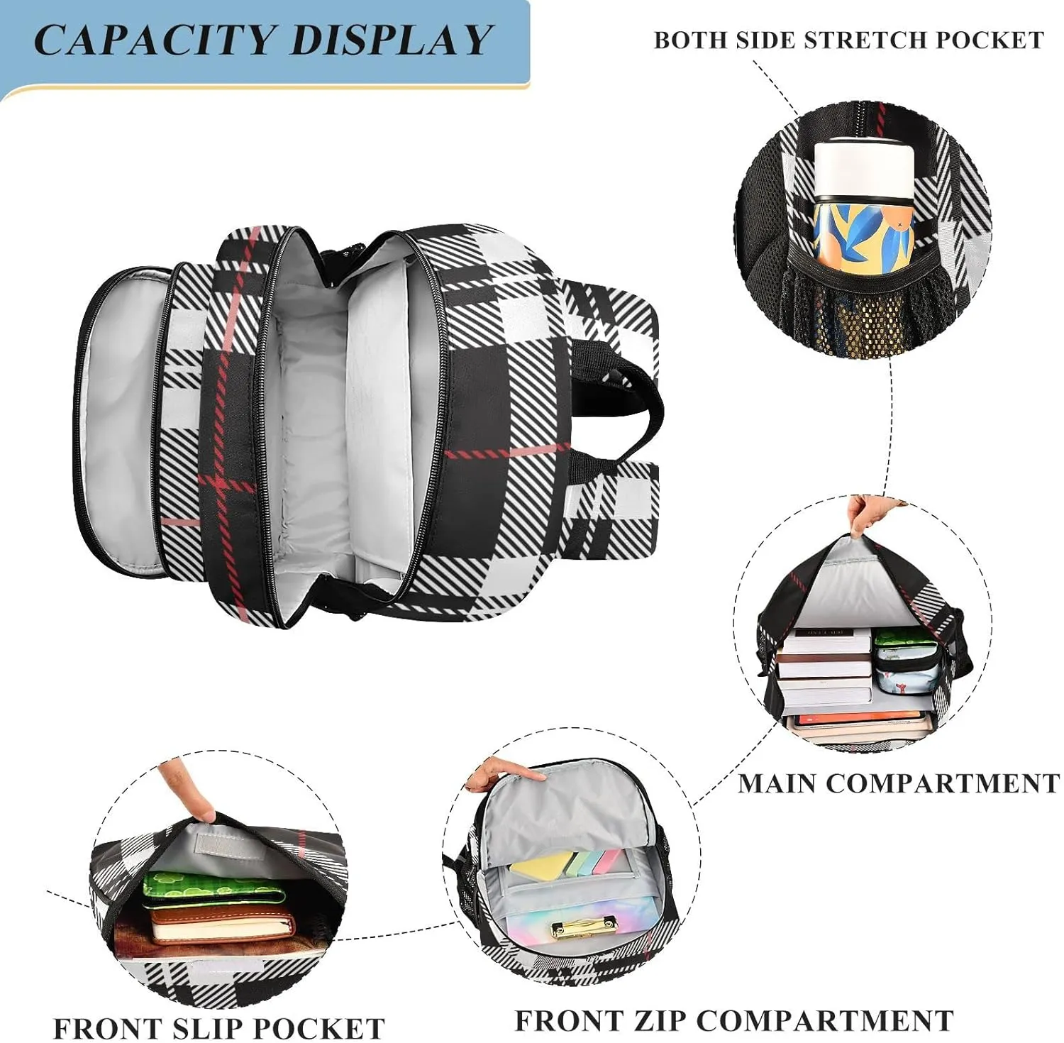 ALAZA Blackwhite and Red Tartan Plaid Scottish Backpacks Reflective Safety Backpack
