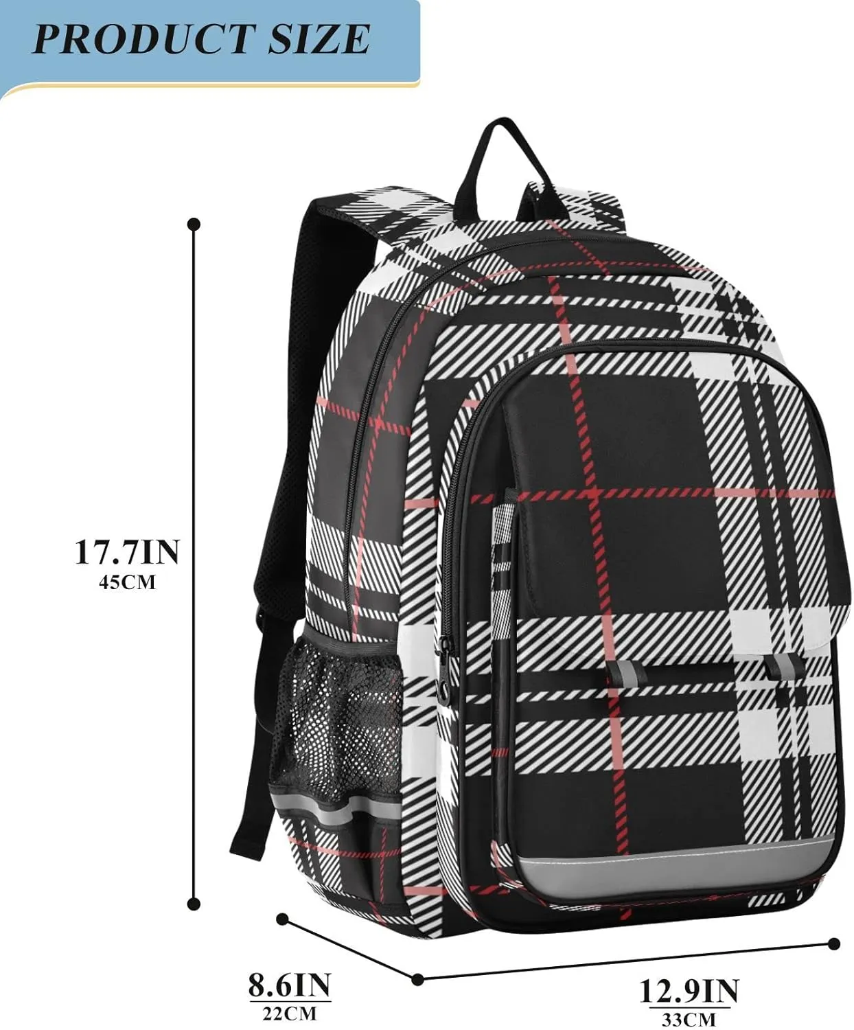ALAZA Blackwhite and Red Tartan Plaid Scottish Backpacks Reflective Safety Backpack