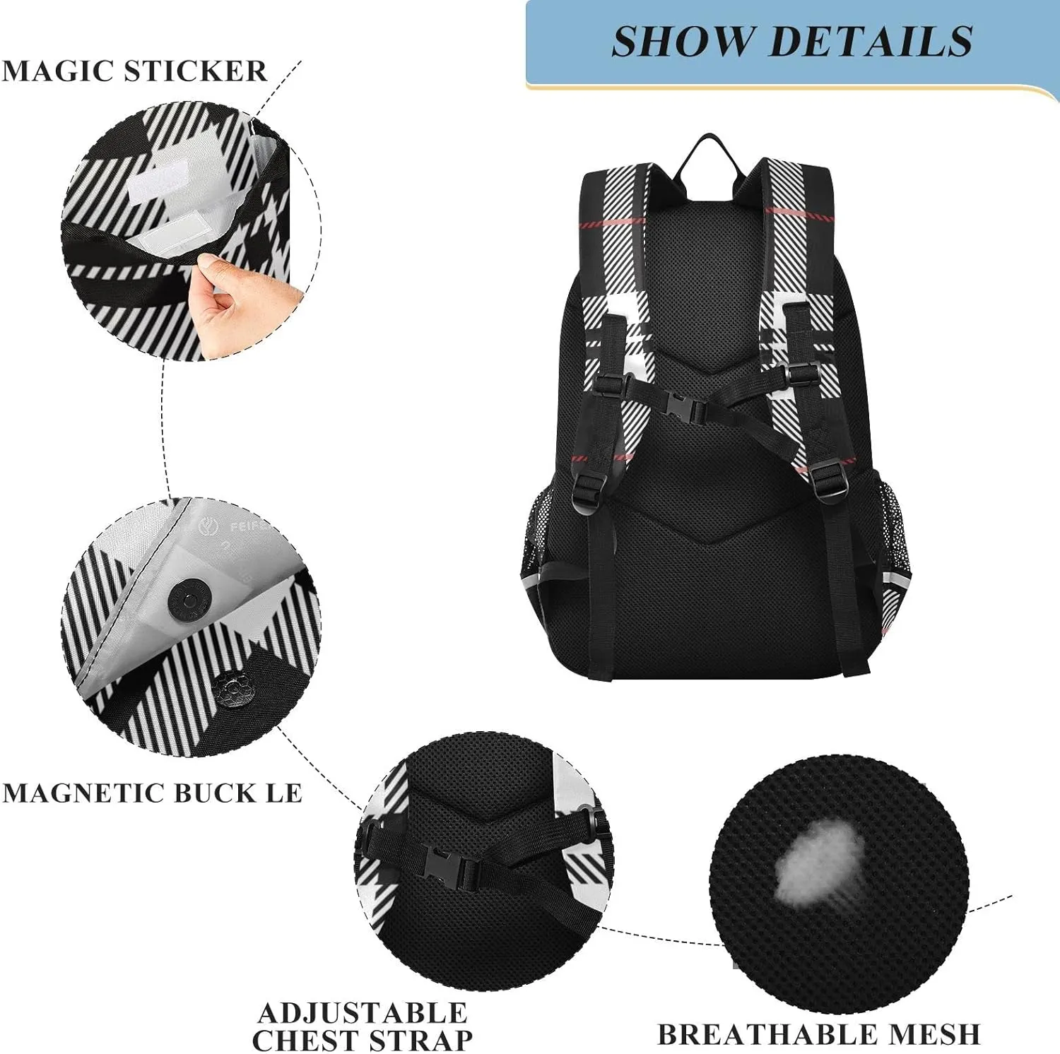 ALAZA Blackwhite and Red Tartan Plaid Scottish Backpacks Reflective Safety Backpack