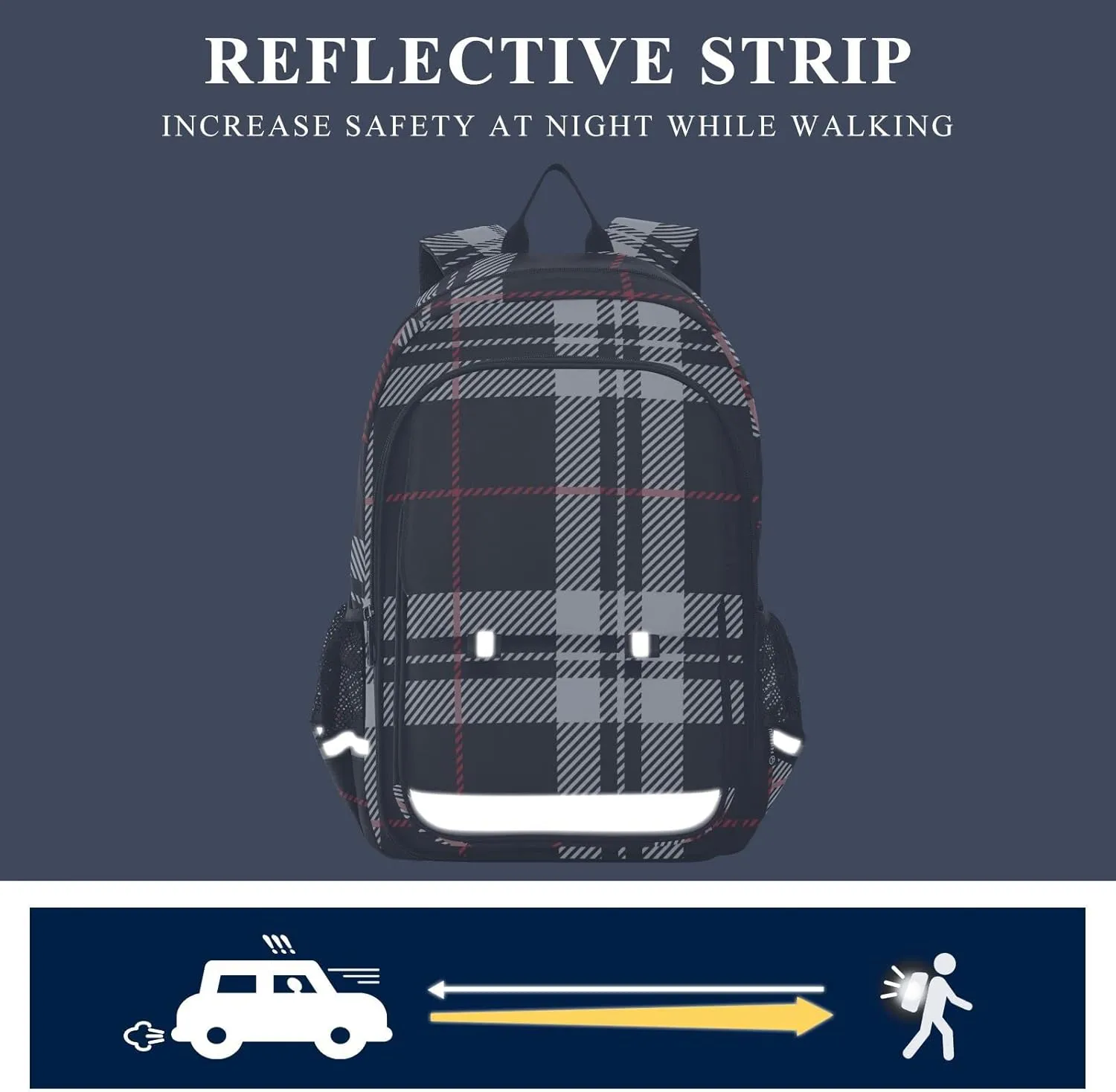 ALAZA Blackwhite and Red Tartan Plaid Scottish Backpacks Reflective Safety Backpack