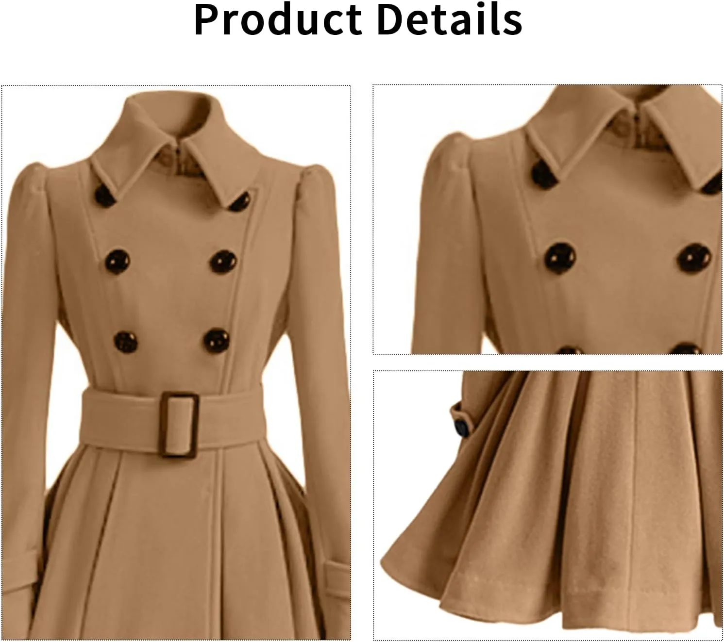 ALSOGO Women's Swing Double Breasted Trench Coat Lapel Button Closures Slim Peacoat Midi Long Jacket with Belts