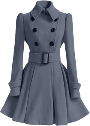 ALSOGO Women's Swing Double Breasted Trench Coat Lapel Button Closures Slim Peacoat Midi Long Jacket with Belts