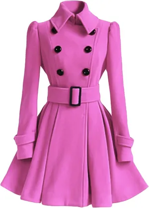 ALSOGO Women's Swing Double Breasted Trench Coat Lapel Button Closures Slim Peacoat Midi Long Jacket with Belts