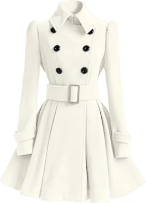 ALSOGO Women's Swing Double Breasted Trench Coat Lapel Button Closures Slim Peacoat Midi Long Jacket with Belts