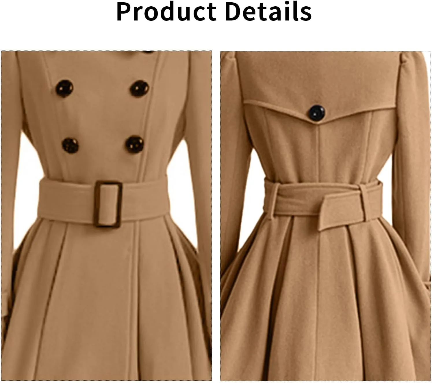 ALSOGO Women's Swing Double Breasted Trench Coat Lapel Button Closures Slim Peacoat Midi Long Jacket with Belts