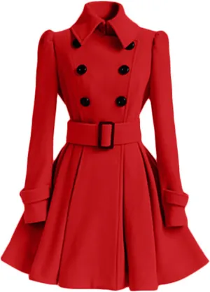 ALSOGO Women's Swing Double Breasted Trench Coat Lapel Button Closures Slim Peacoat Midi Long Jacket with Belts