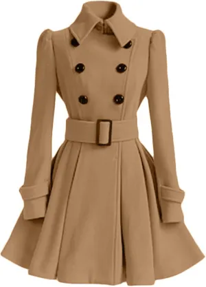 ALSOGO Women's Swing Double Breasted Trench Coat Lapel Button Closures Slim Peacoat Midi Long Jacket with Belts