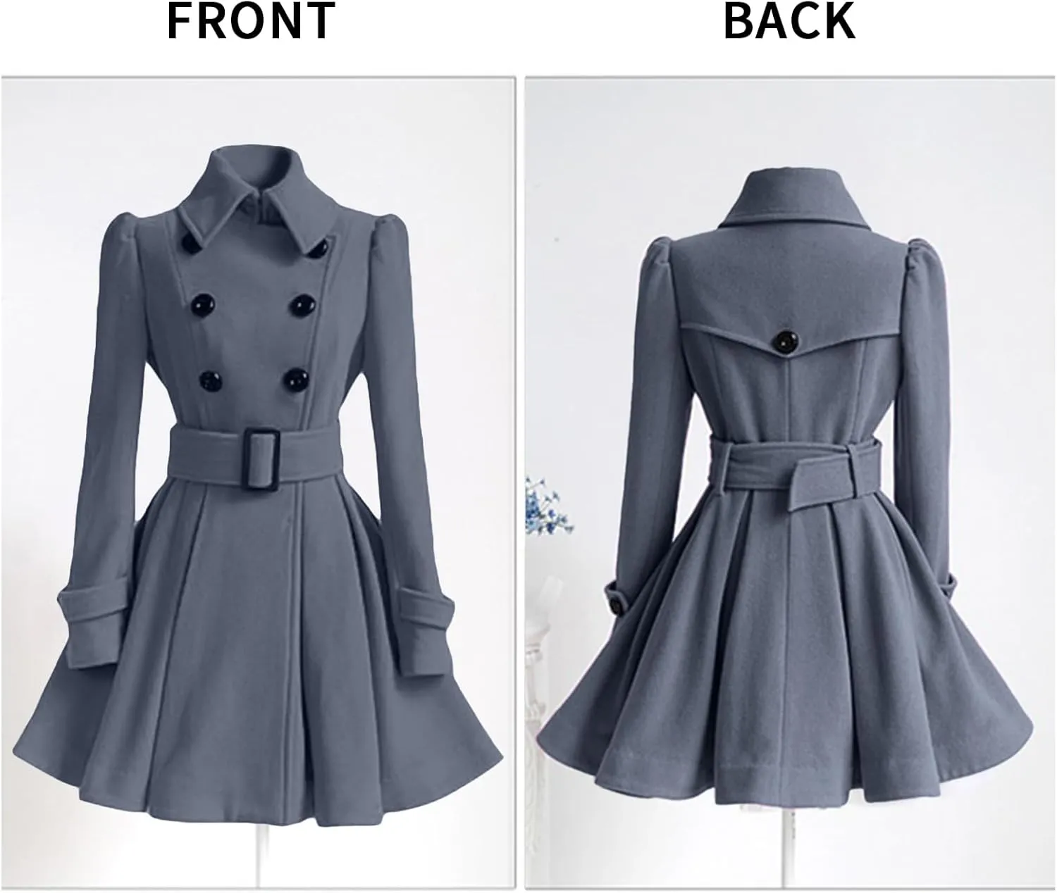 ALSOGO Women's Swing Double Breasted Trench Coat Lapel Button Closures Slim Peacoat Midi Long Jacket with Belts
