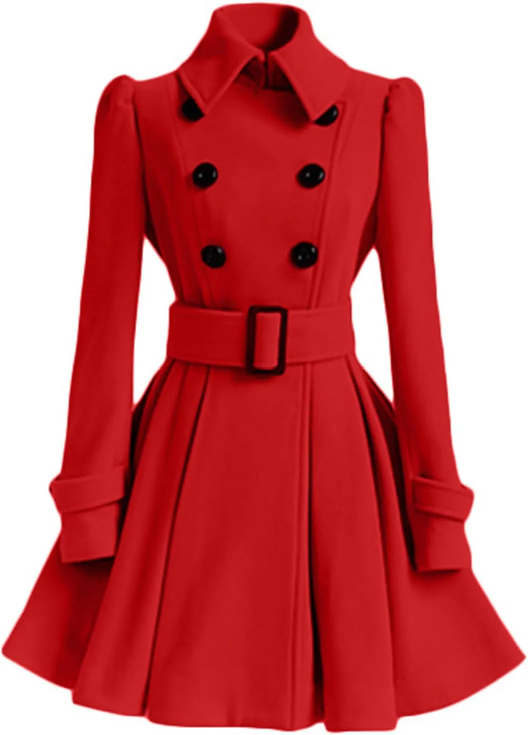 ALSOGO Women's Swing Double Breasted Trench Coat Lapel Button Closures Slim Peacoat Midi Long Jacket with Belts