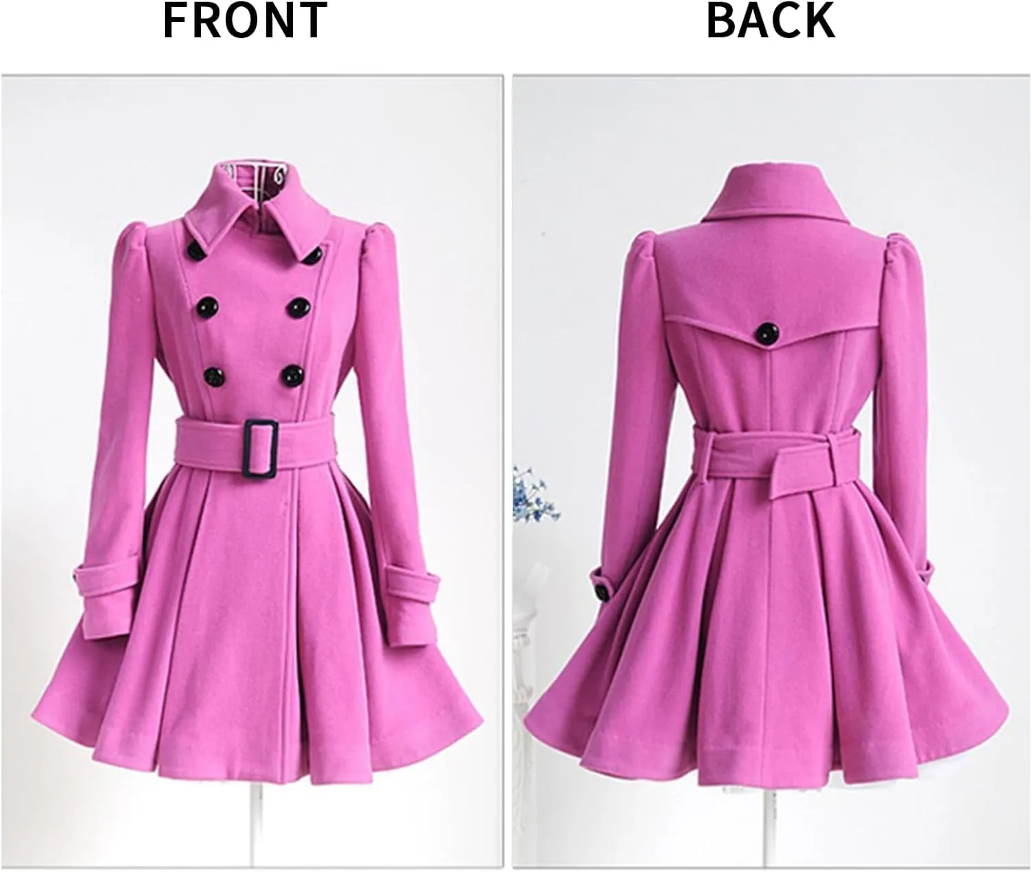 ALSOGO Women's Swing Double Breasted Trench Coat Lapel Button Closures Slim Peacoat Midi Long Jacket with Belts