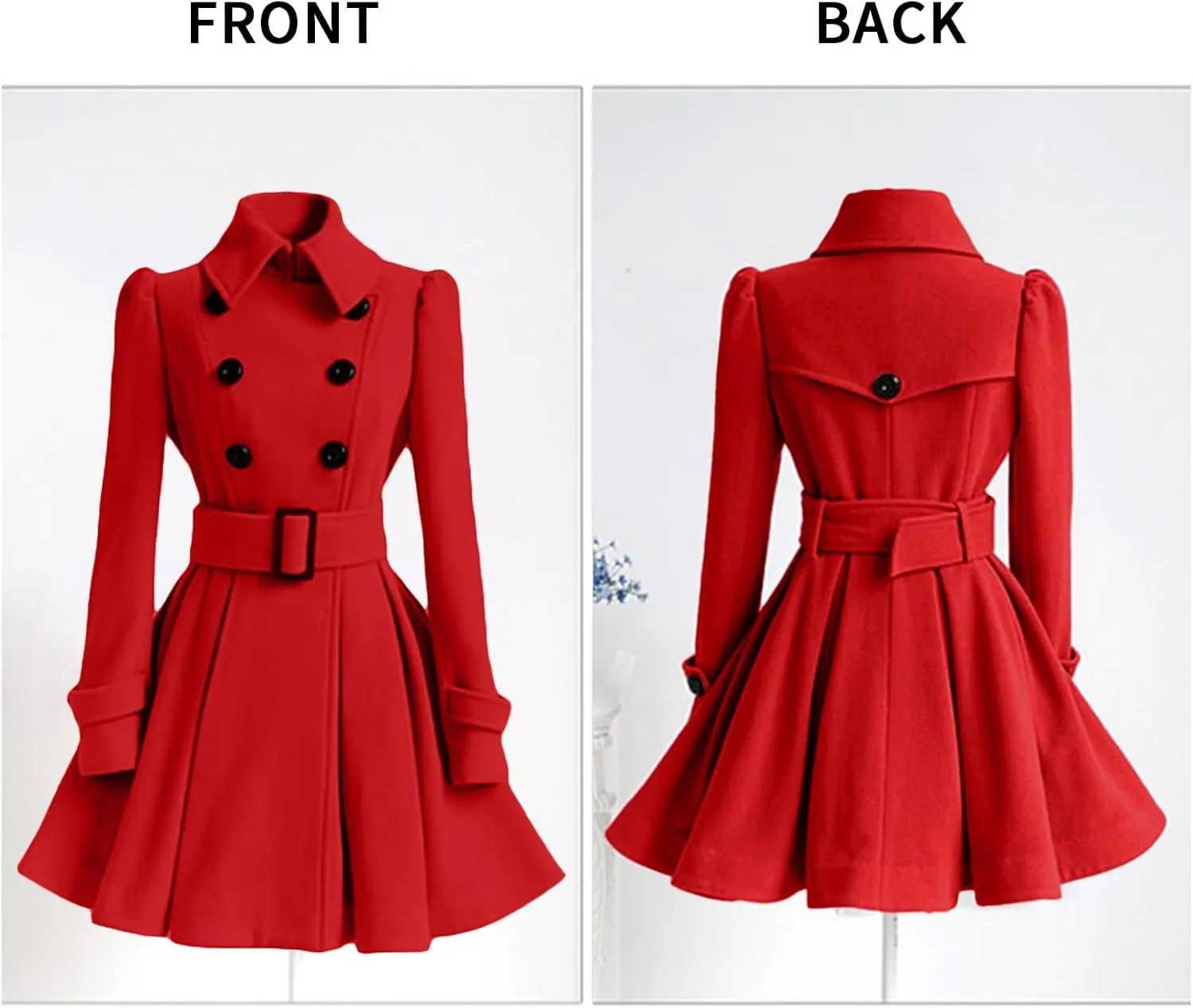 ALSOGO Women's Swing Double Breasted Trench Coat Lapel Button Closures Slim Peacoat Midi Long Jacket with Belts