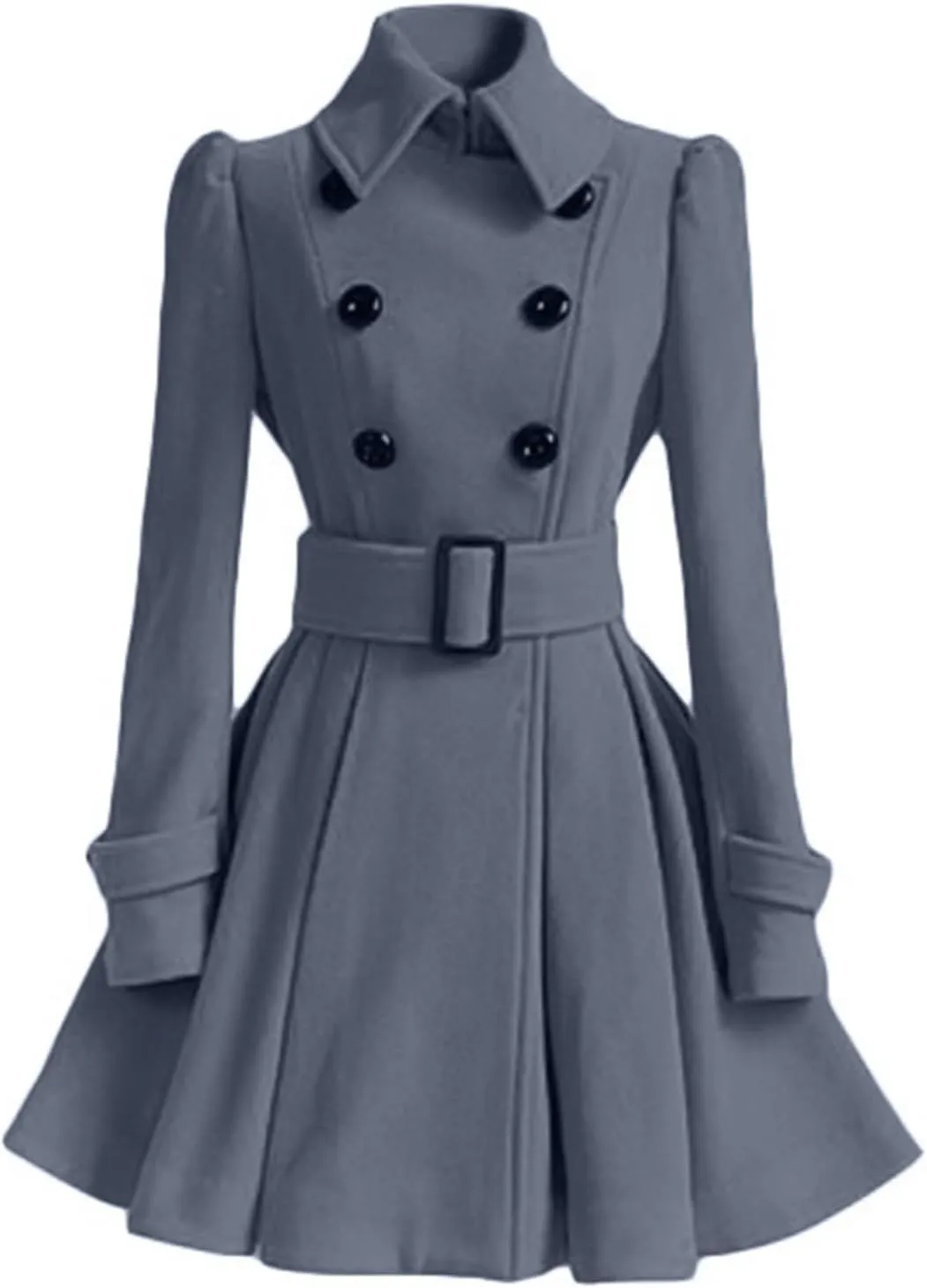 ALSOGO Women's Swing Double Breasted Trench Coat Lapel Button Closures Slim Peacoat Midi Long Jacket with Belts