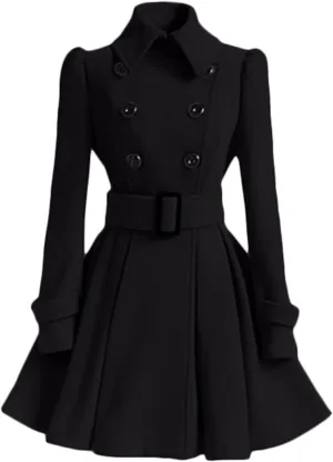 ALSOGO Women's Swing Double Breasted Trench Coat Lapel Button Closures Slim Peacoat Midi Long Jacket with Belts