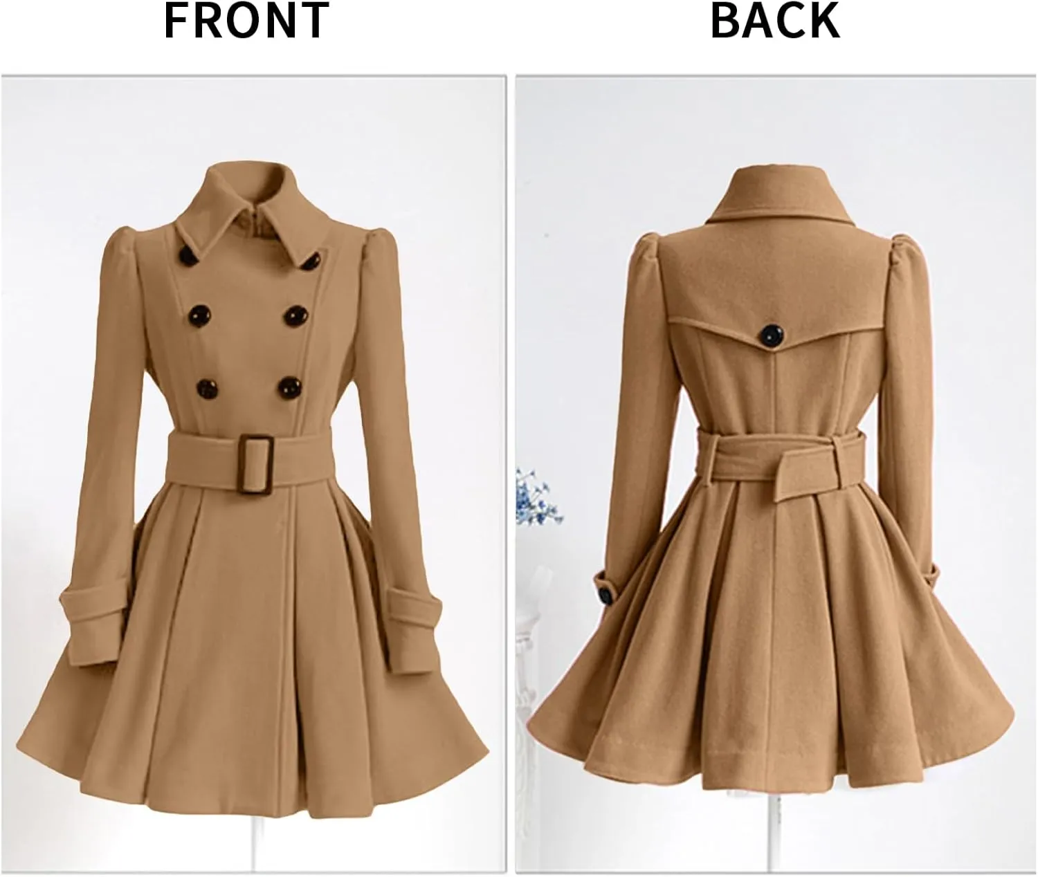 ALSOGO Women's Swing Double Breasted Trench Coat Lapel Button Closures Slim Peacoat Midi Long Jacket with Belts