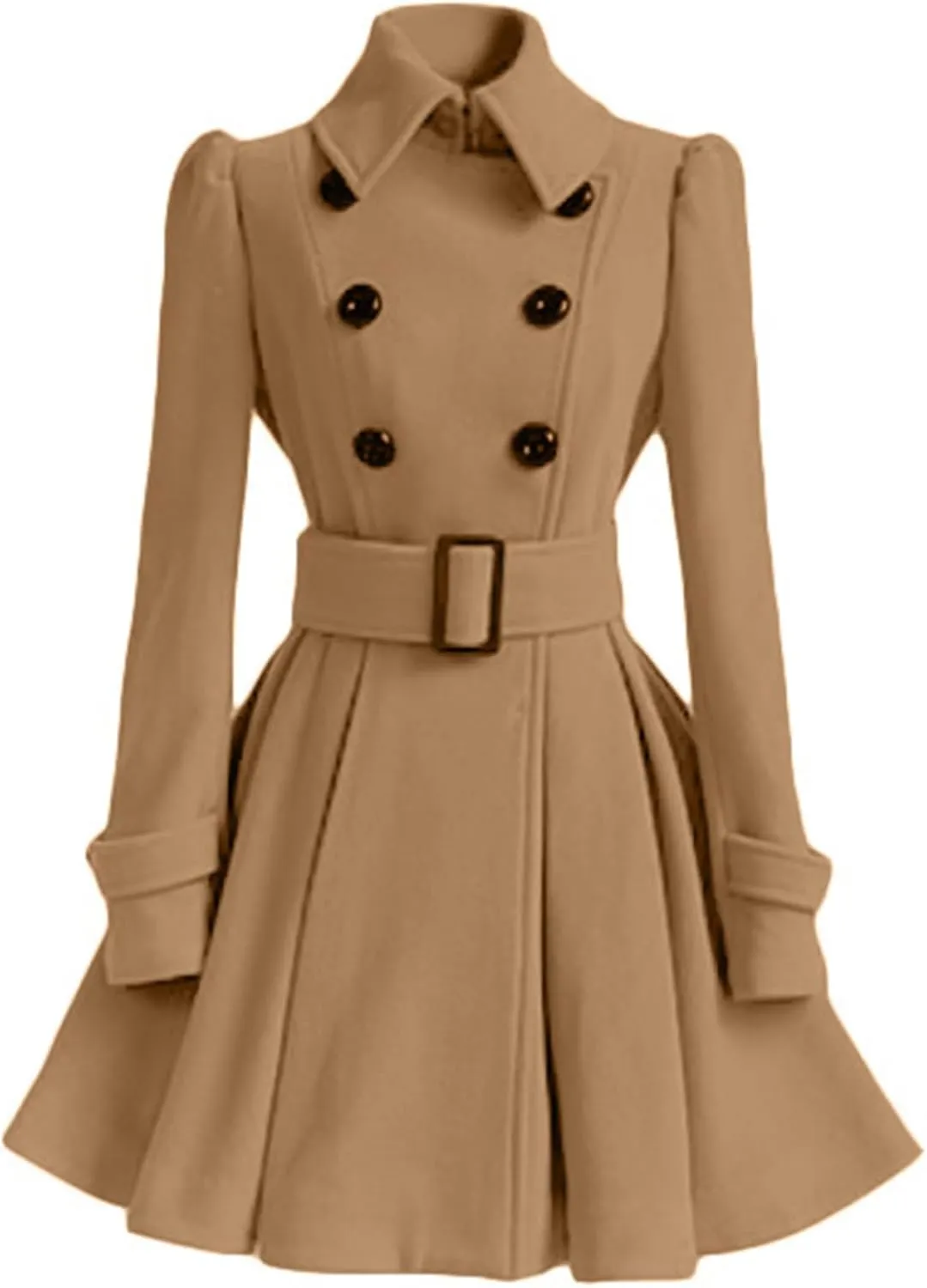 ALSOGO Women's Swing Double Breasted Trench Coat Lapel Button Closures Slim Peacoat Midi Long Jacket with Belts
