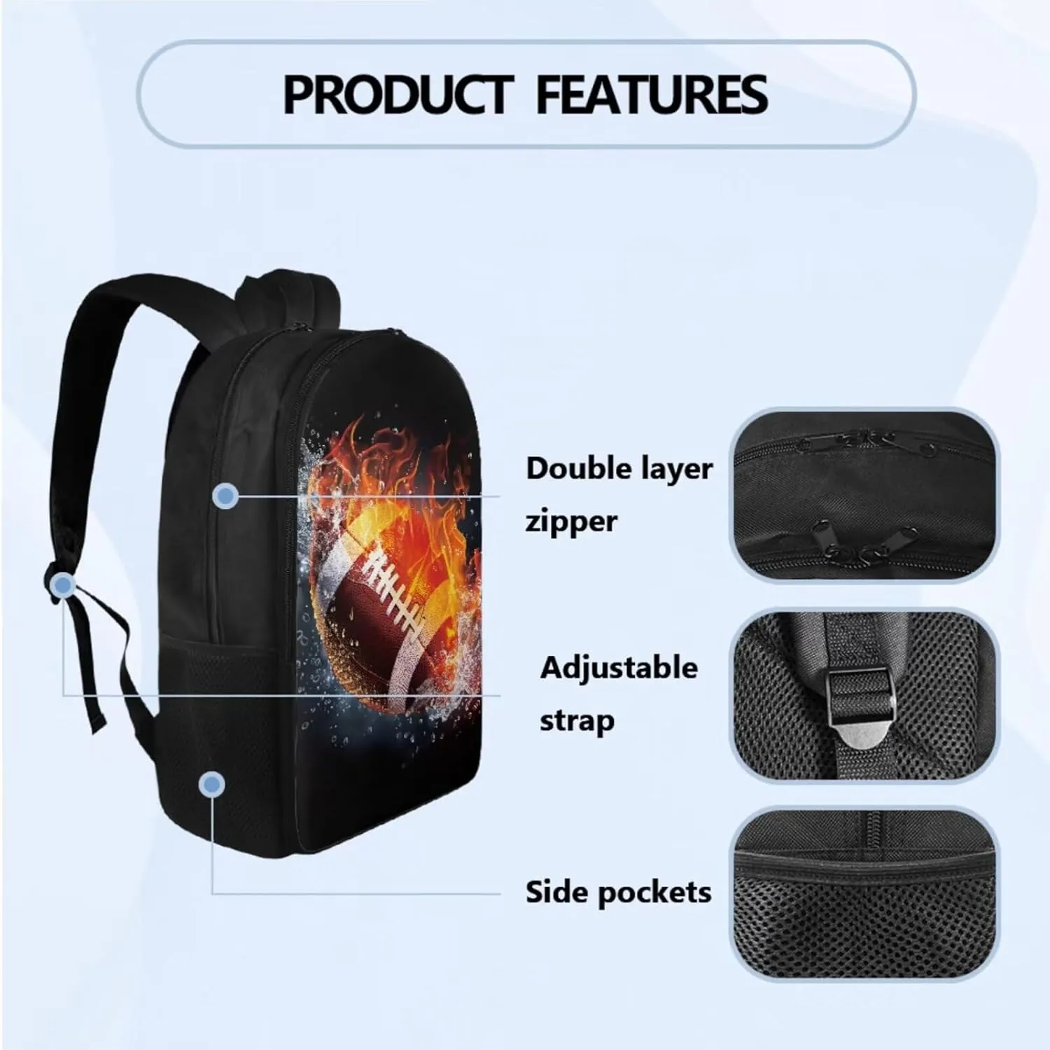 American Football School Backpack for Boys 12-14 3 Piece Bookbag Set with Lunch Box Pencil Case Teens Kids School Bag Large Capacity for Primary Elementary Middle High School