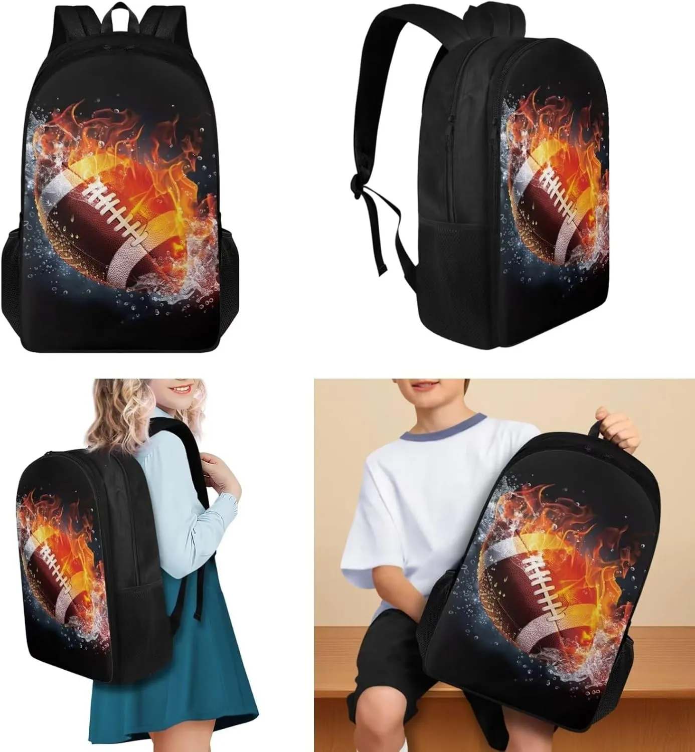 American Football School Backpack for Boys 12-14 3 Piece Bookbag Set with Lunch Box Pencil Case Teens Kids School Bag Large Capacity for Primary Elementary Middle High School