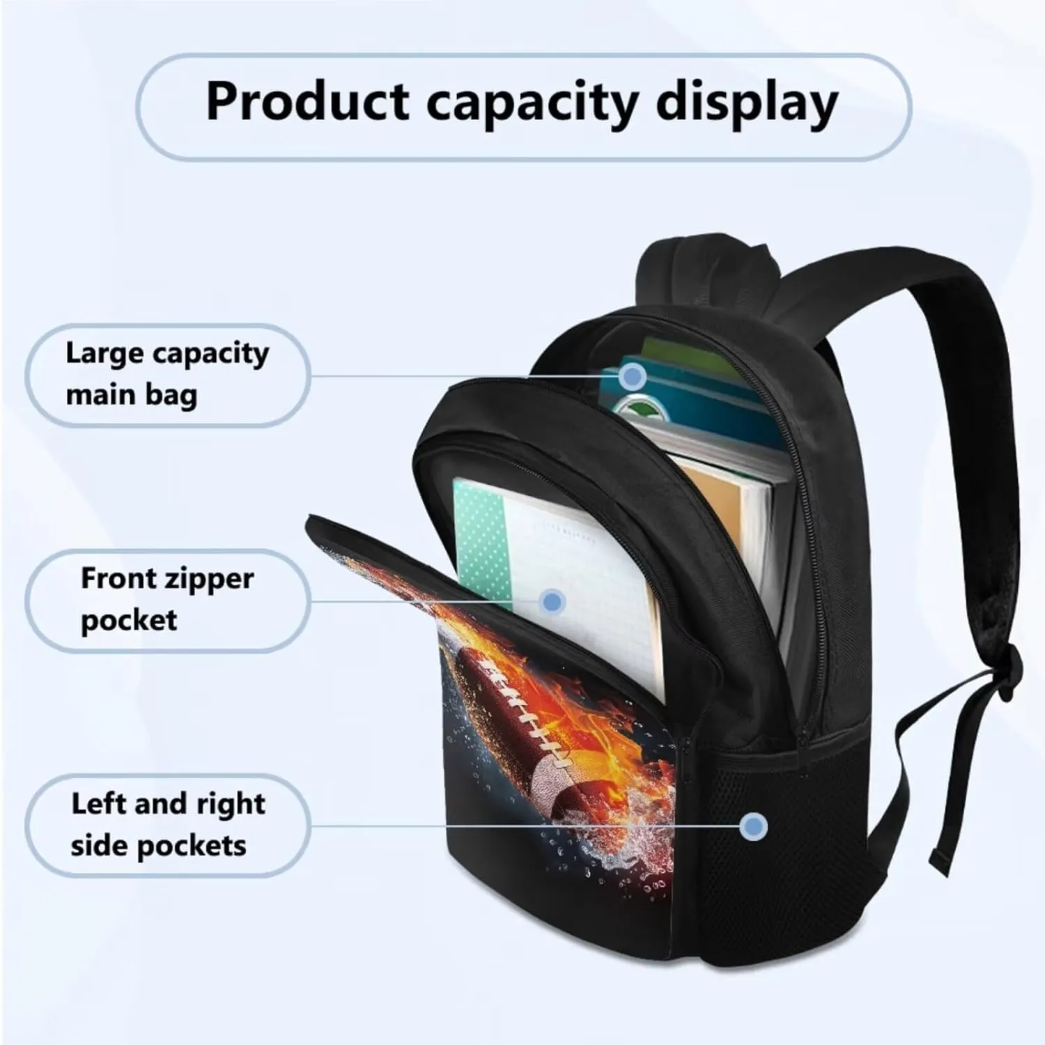 American Football School Backpack for Boys 12-14 3 Piece Bookbag Set with Lunch Box Pencil Case Teens Kids School Bag Large Capacity for Primary Elementary Middle High School