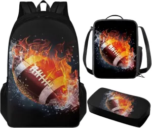 American Football School Backpack for Boys 12-14 3 Piece Bookbag Set with Lunch Box Pencil Case Teens Kids School Bag Large Capacity for Primary Elementary Middle High School