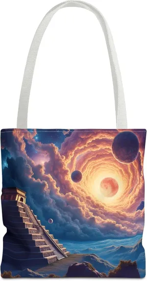 Ancient Pyramid Tote Bag- Colorful Aztec Beach Bag, Chichen Itza Reusable Shopping Bags, Large Fun Kids Travel Totes