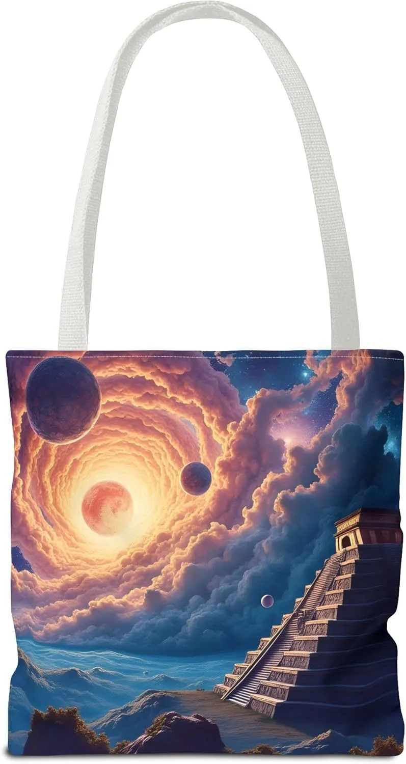 Ancient Pyramid Tote Bag- Colorful Aztec Beach Bag, Chichen Itza Reusable Shopping Bags, Large Fun Kids Travel Totes