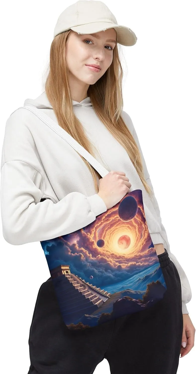 Ancient Pyramid Tote Bag- Colorful Aztec Beach Bag, Chichen Itza Reusable Shopping Bags, Large Fun Kids Travel Totes