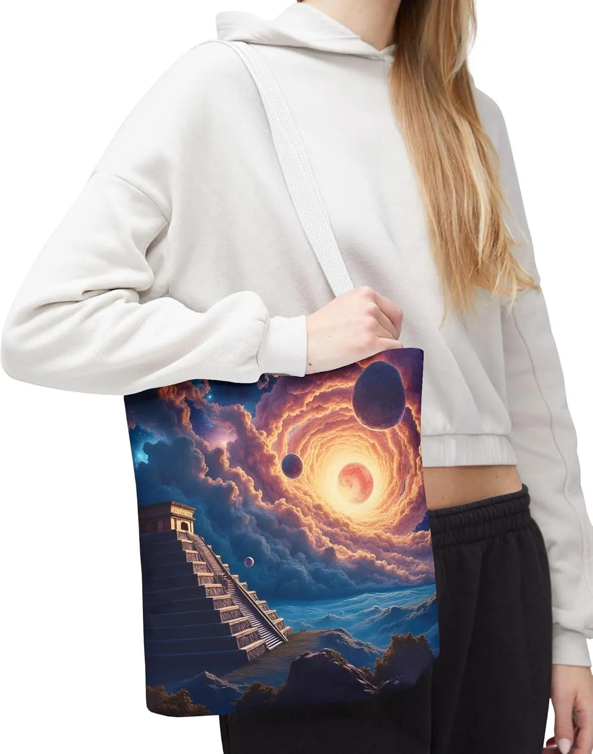 Ancient Pyramid Tote Bag- Colorful Aztec Beach Bag, Chichen Itza Reusable Shopping Bags, Large Fun Kids Travel Totes