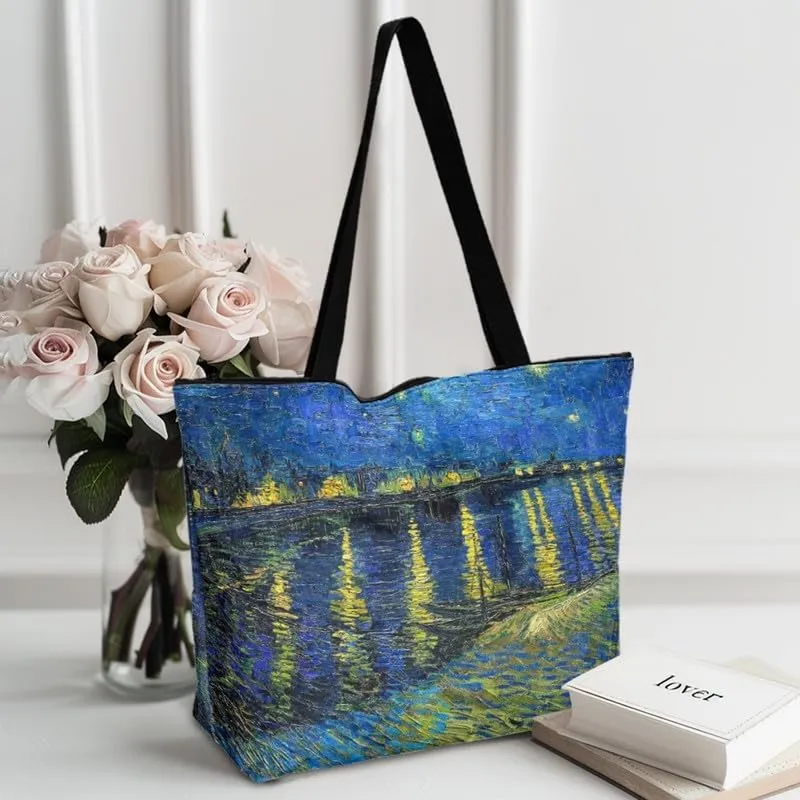 Art Lover Zippered Tote Bag Waterproof Large Work Tote Bags, Van Gogh Artwork Women's Purse Handbags Travel Totes