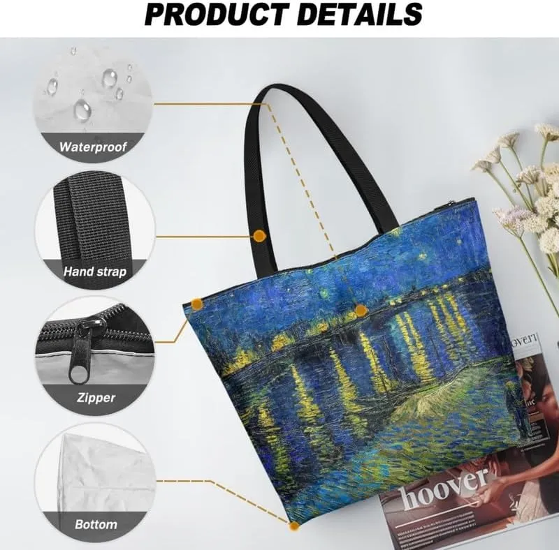 Art Lover Zippered Tote Bag Waterproof Large Work Tote Bags, Van Gogh Artwork Women's Purse Handbags Travel Totes
