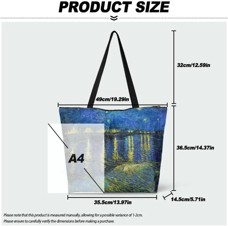 Art Lover Zippered Tote Bag Waterproof Large Work Tote Bags, Van Gogh Artwork Women's Purse Handbags Travel Totes