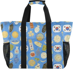 Art Oil Painting Korea Blue Utility Storage Bag Foldable Tote Bag For Beach With Compartments Reusable Shopping Bags with Handles Totes For Car
