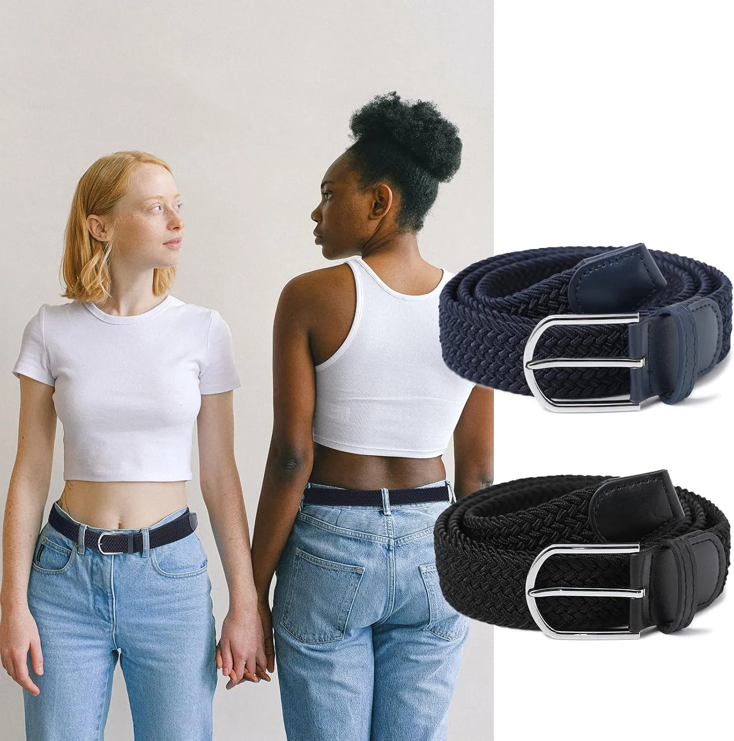 AWAYTR Elastic Braided Belt for Women - 2pcs Unisex Stretch Woven Fabric Belt for Jeans