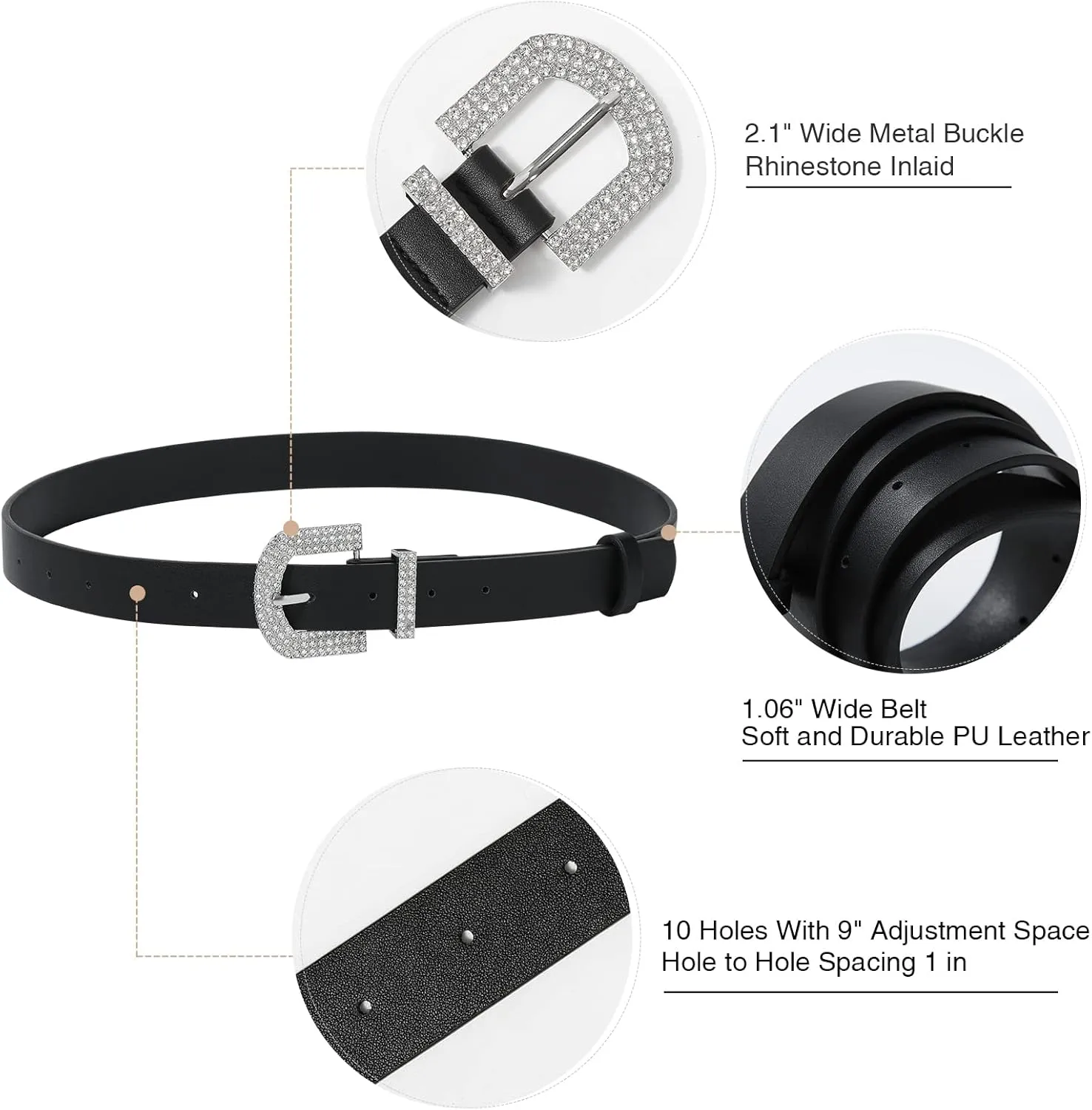 AWAYTR Rhinestone Buckle Belt for Women - PU Leather Plus Size Belts for Jeans and Dress