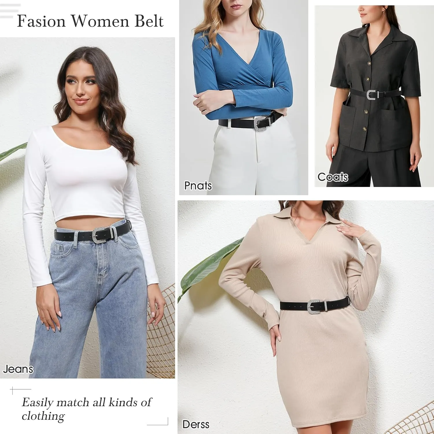 AWAYTR Rhinestone Buckle Belt for Women - PU Leather Plus Size Belts for Jeans and Dress