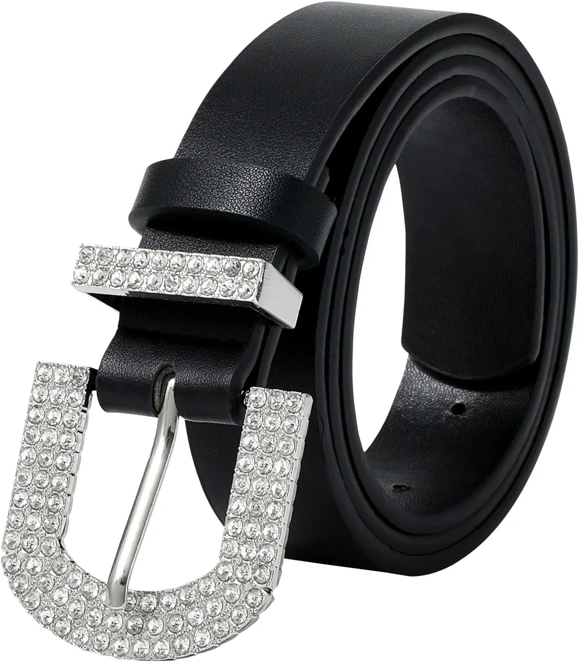 AWAYTR Rhinestone Buckle Belt for Women - PU Leather Plus Size Belts for Jeans and Dress
