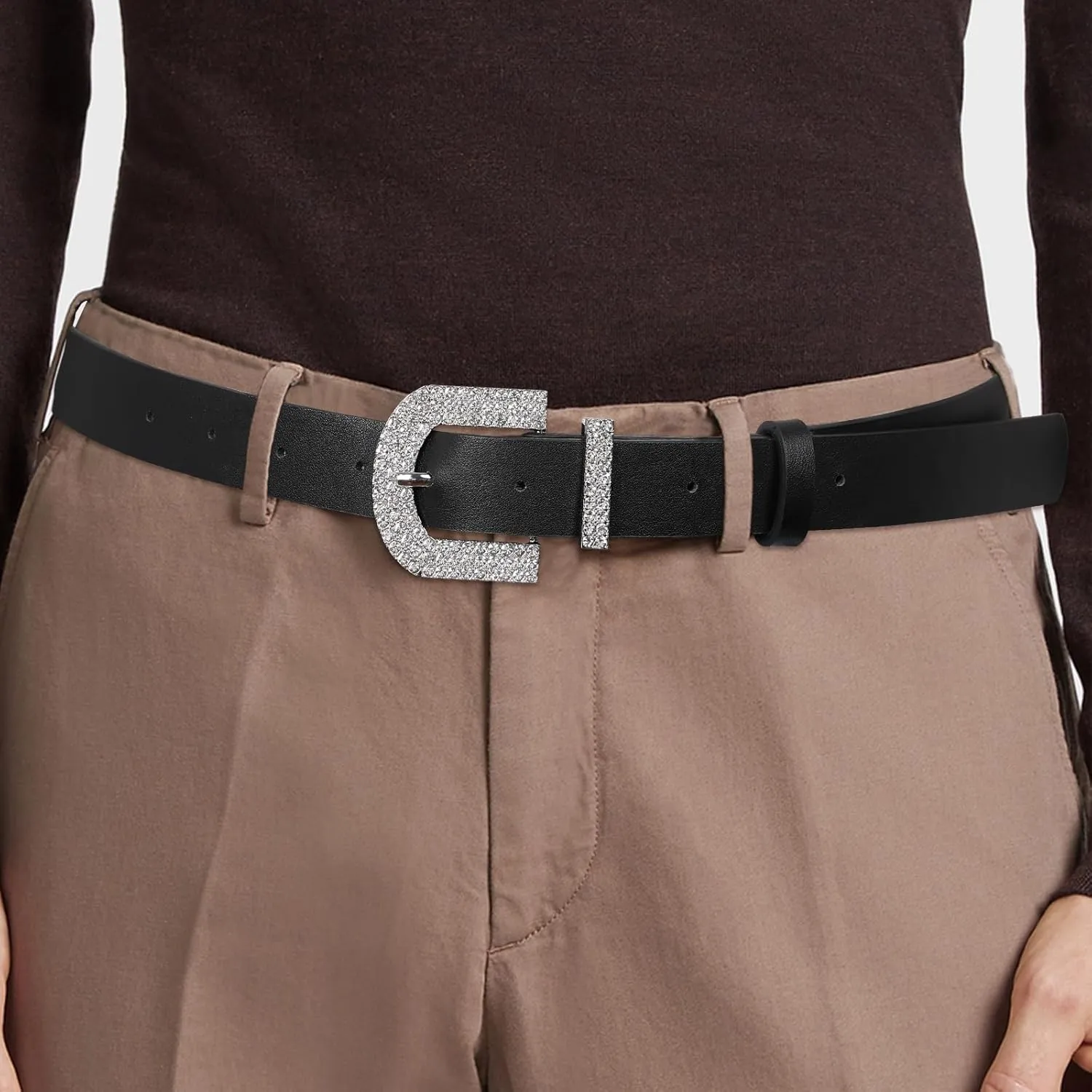 AWAYTR Rhinestone Buckle Belt for Women - PU Leather Plus Size Belts for Jeans and Dress