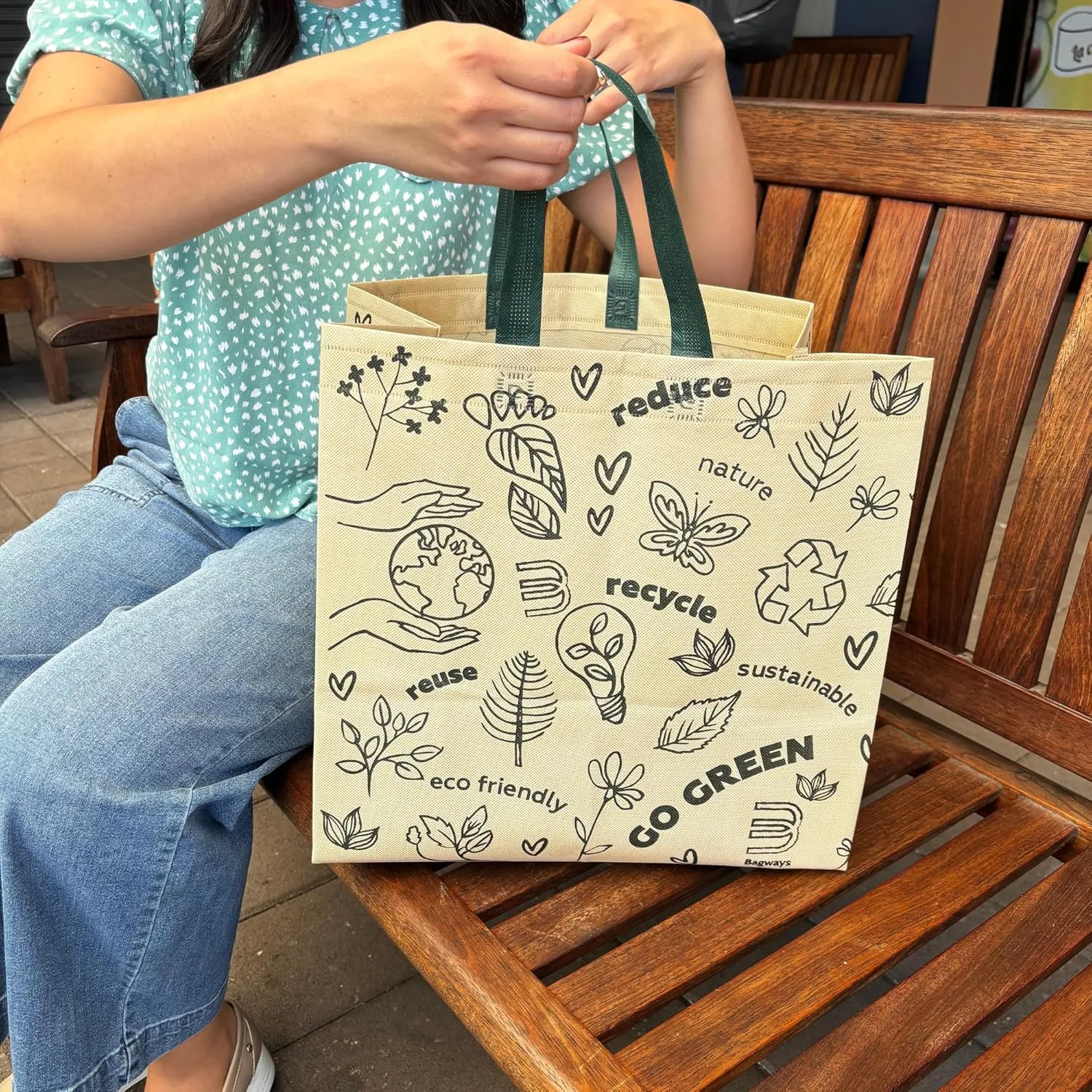 Bagways 30 PACK Reusable Grocery Bags with Handles, Durable, Foldable, Washable Eco-Friendly Shopping Totes, 14x6.5x14 Inch, Beige/Green Design