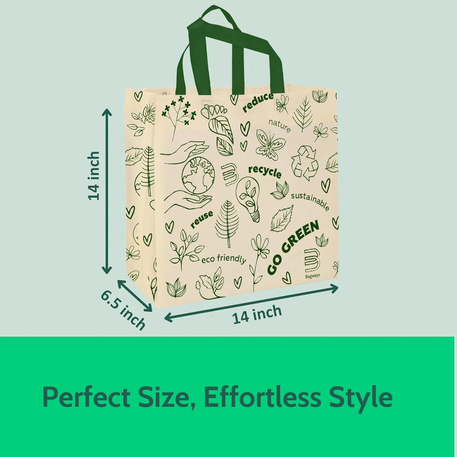 Bagways 30 PACK Reusable Grocery Bags with Handles, Durable, Foldable, Washable Eco-Friendly Shopping Totes, 14x6.5x14 Inch, Beige/Green Design