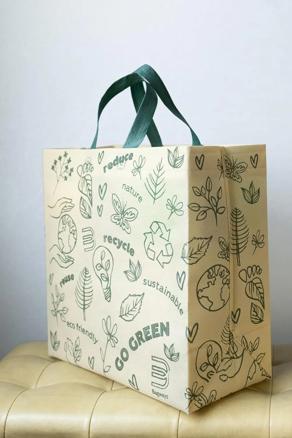 Bagways 30 PACK Reusable Grocery Bags with Handles, Durable, Foldable, Washable Eco-Friendly Shopping Totes, 14x6.5x14 Inch, Beige/Green Design